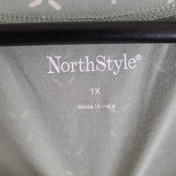 NorthStyle T-shirt Dress 1X Green Floral Print Jersey Knit Pockets Knee Casual - Picture 5 of 11